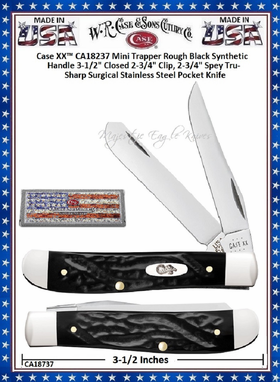 W.R. Case & Sons Cutlery CA18237 Case XX� Rough Black Synthetic Handle Mini Trapper 3-1/2" Closed 2-3/4" Clip 2-3/4" Spey Plain Blades Tru-Sharp Surgical Stainless Steel Pocket Knife 