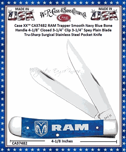 W.R. Case & Sons Cutlery CA37482 Case XX� RAM Trapper Smooth Navy Blue Bone Handle 4-1/8" Closed 3-1/4" Clip 3-1/4" Spey Plain Blade Tru-Sharp Surgical Stainless Steel Pocket Knife