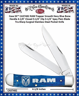 W.R. Case & Sons Cutlery CA37482 Case XX� RAM Trapper Smooth Navy Blue Bone Handle 4-1/8" Closed 3-1/4" Clip 3-1/4" Spey Plain Blade Tru-Sharp Surgical Stainless Steel Pocket Knife