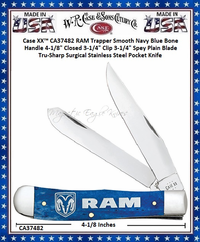 W.R. Case & Sons Cutlery CA37482 Case XX� RAM Trapper Smooth Navy Blue Bone Handle 4-1/8" Closed 3-1/4" Clip 3-1/4" Spey Plain Blade Tru-Sharp Surgical Stainless Steel Pocket Knife