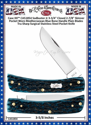 W.R. Case & Sons Cutlery CA51854 Case XX� Pocket Worn Peach Seed Mediterranean Blue Bone Handle Sodbuster Jr 3-3/4" Closed 2-7/8" Skinner Plain Blades Tru-Sharp Surgical Stainless Steel Pocket Knife