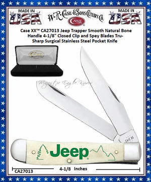 W.R. Case & Sons Cutlery CA27013 Case XX� JEEP Trapper Natural Smooth Bone Handle 4-1/8" Closed 3-1/4" Clip 3-1/4" Spey Plain Blade Tru-Sharp Surgical Stainless Steel Pocket Knife