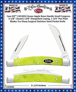 W.R. Case & Sons Cutlery CA53032 Case XX� Green Apple Bone Handle Small Congress 3-1/8" Closed 2-3/8" Sheepsfoot Coping, 1-3/4" Pen Plain Blades Tru-Sharp Surgical Stainless Steel Pocket Knife 
