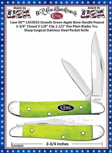 W.R. Case & Sons Cutlery CA53033 Case XX� Smooth Green Apple Bone Handle Peanut 2-3/4" Closed 2-1/8" Clip, 1-1/2" Pen Plain Blades Tru-Sharp Surgical Stainless Steel Pocket Knife 