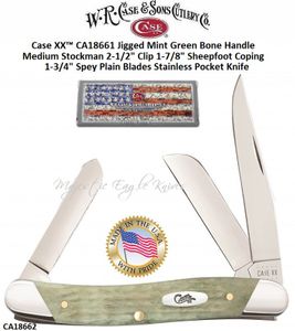 W.R. Case & Sons Cutlery CA18662 Case XX Corn Cob Jigged Mint Green Bone Medium Stockman 2-1/2" Clip 1-7/8" Sheepfoot Coping 1 3/4" Spey Tru-Sharp Surgical Stainless Steel Pocket Knife