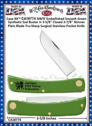 W.R. Case & Sons Cutlery CA18774 Case XX™ NWTF Embellished Smooth Green Synthetic Sod Buster Jr 3-5/8" Closed 2-7/8" Skinner Plain Blade Tru-Sharp Surgical Stainless Pocket Knife W.R. Case & Sons Cutlery CA18774 Case XX™ NWTF Embellished Smooth Green Synthetic Sod Buster Jr 3-5/8" Closed 2-7/8" Skinner Plain Blade Tru-Sharp Surgical Stainless Pocket Knife