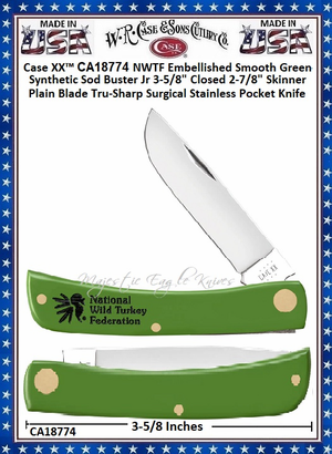 W.R. Case & Sons Cutlery CA18774 Case XX™ NWTF Embellished Smooth Green Synthetic Sod Buster Jr 3-5/8" Closed 2-7/8" Skinner Plain Blade Tru-Sharp Surgical Stainless Pocket Knife W.R. Case & Sons Cutlery CA18774 Case XX™ NWTF Embellished Smooth Green Synthetic Sod Buster Jr 3-5/8" Closed 2-7/8" Skinner Plain Blade Tru-Sharp Surgical Stainless Pocket Knife
