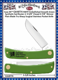 W.R. Case & Sons Cutlery CA18774 Case XX™ NWTF Embellished Smooth Green Synthetic Sod Buster Jr 3-5/8" Closed 2-7/8" Skinner Plain Blade Tru-Sharp Surgical Stainless Pocket Knife W.R. Case & Sons Cutlery CA18774 Case XX™ NWTF Embellished Smooth Green Synthetic Sod Buster Jr 3-5/8" Closed 2-7/8" Skinner Plain Blade Tru-Sharp Surgical Stainless Pocket Knife