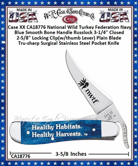 W.R. Case & Sons Cutlery CA18776 Case XX� National Wild Turkey Federation Navy Blue Smooth Bone Handle Russlock 3-1/4" Closed 2-5/8" Locking Clip(w/thumb Lever) Plain Blade Tru-sharp Surgical Stainless Steel Pocket Knife