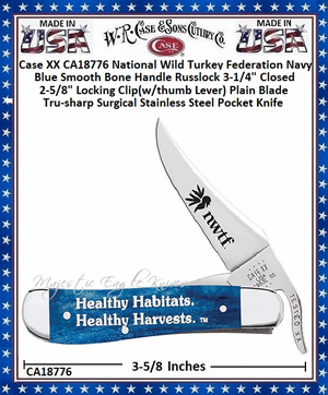 W.R. Case & Sons Cutlery CA18776 Case XX� National Wild Turkey Federation Navy Blue Smooth Bone Handle Russlock 3-1/4" Closed 2-5/8" Locking Clip(w/thumb Lever) Plain Blade Tru-sharp Surgical Stainless Steel Pocket Knife