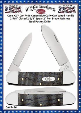 W.R. Case & Sons Cutlery CA47496 Case XX� Canoe Blue Curly Oak Wood Handle 2-5/8" Closed 2-5/8" Spear 2" Pen Blade Stainless Steel Pocket Knife 