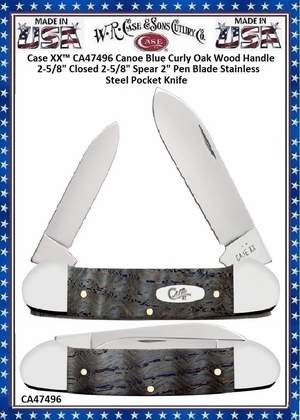 W.R. Case & Sons Cutlery CA47496 Case XX™ Canoe Blue Curly Oak Wood Handle 2-5/8" Closed 2-5/8" Spear 2" Pen Blade Stainless Steel Pocket Knife W.R. Case & Sons Cutlery CA47496 Case XX™ Canoe Blue Curly Oak Wood Handle 2-5/8" Closed 2-5/8" Spear 2" Pen Blade Stainless Steel Pocket Knife