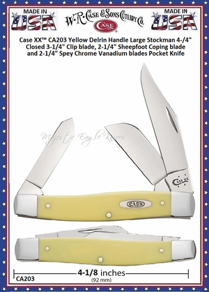 W.R. Case & Sons Cutlery CA203 Case XX� Yellow Delrin Handle Large Stockman 4-1/4" Closed 3-1/4" Clip 2-1/4" Sheepfoot Coping 2-1/4" Spey Plain Carbon Steel Pocket Knife 