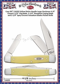 W.R. Case & Sons Cutlery CA203 Case XX� Yellow Delrin Handle Large Stockman 4-1/4" Closed 3-1/4" Clip 2-1/4" Sheepfoot Coping 2-1/4" Spey Plain Carbon Steel Pocket Knife 