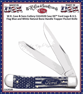 W.R. Case & Son's Cutlery CA14328 CaseXX Ford Motor Co. Blue Color-wash Bone Handled Large Trapper Pocket Knife & Presentation Gift Box