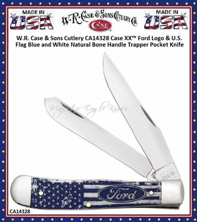 W.R. Case & Son's Cutlery CA14328 CaseXX Ford Motor Co. Blue Color-wash Bone Handled Large Trapper Pocket Knife & Presentation Gift Box W.R. Case & Son's Cutlery CA14328 CaseXX Ford Motor Co. Blue Color-wash Bone Handled Large Trapper Pocket Knife & Presentation Gift Box