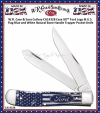 W.R. Case & Son's Cutlery CA14328 CaseXX Ford Motor Co. Blue Color-wash Bone Handled Large Trapper Pocket Knife & Presentation Gift Box