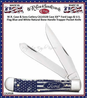 W.R. Case & Son's Cutlery CA14328 CaseXX Ford Motor Co. Blue Color-wash Bone Handled Large Trapper Pocket Knife & Presentation Gift Box W.R. Case & Son's Cutlery CA14328 CaseXX Ford Motor Co. Blue Color-wash Bone Handled Large Trapper Pocket Knife & Presentation Gift Box