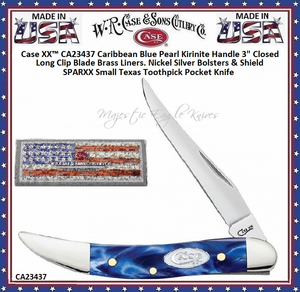 W.R. Case & Sons Cutlery CA23437 Case Caribbean Blue Pearl Kirinite Handle 3" Closed Long Clip Blade SPARXX Small Texas Toothpick Pocket Knife
