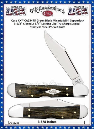 W.R. Case & Sons Cutlery CA23475 Case XX� Green Black Micarta Mini Copperlock 3-5/8" Closed 2-3/4" Locking Clip Tru-Sharp Surgical Stainless Steel Pocket Knife