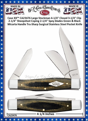 W.R. Case & Sons Cutlery CA23476 Case XX™ Large Stockman 4-1/4" Closed 3-1/4" Clip 2-1/4" Sheepsfoot Coping 2-1/4" Spey blades Green & Black Micarta Handle Tru-Sharp Surgical Stainless Steel Pocket Knife W.R. Case & Sons Cutlery CA23476 Case XX™ Large Stockman 4-1/4" Closed 3-1/4" Clip 2-1/4" Sheepsfoot Coping 2-1/4" Spey blades Green & Black Micarta Handle Tru-Sharp Surgical Stainless Steel Pocket Knife