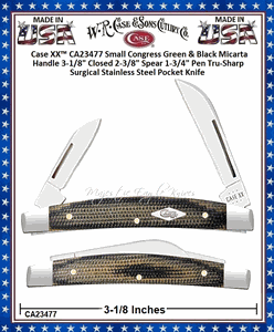 W.R. Case & Sons Cutlery CA23477 Case XX� Small Congress Green & Black Micarta Handle 3-1/8" Closed 2-3/8" Spear 1-3/4" Pen Tru-Sharp Surgical Stainless Steel Pocket Knife