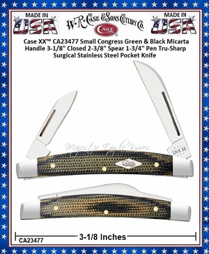 W.R. Case & Sons Cutlery CA23477 Case XX� Small Congress Green & Black Micarta Handle 3-1/8" Closed 2-3/8" Spear 1-3/4" Pen Tru-Sharp Surgical Stainless Steel Pocket Knife