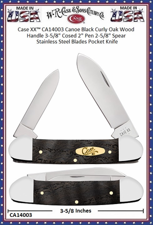 W.R. Case & Sons Cutlery CA14003 Case XX™ Canoe Black Curly Oak Wood Handle 3-5/8" Cosed 2" Pen 2-5/8" Spear Stainless Steel Blades Pocket Knife W.R. Case & Sons Cutlery CA14003 Case XX™ Canoe Black Curly Oak Wood Handle 3-5/8" Cosed 2" Pen 2-5/8" Spear Stainless Steel Blades Pocket Knife