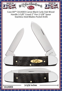 W.R. Case & Sons Cutlery CA14003 Case XX� Canoe Black Curly Oak Wood Handle 3-5/8" Cosed 2" Pen 2-5/8" Spear Stainless Steel Blades Pocket Knife