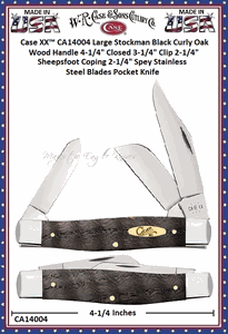 W.R. Case & Sons Cutlery CA14004 Case XX� Large Stockman Black Curly Oak Wood Handle 4-1/4" Closed 3-1/4" Clip 2-1/4" Sheepsfoot Coping 2-1/4" Spey Stainless Steel Blades Pocket Knife