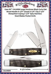 W.R. Case & Sons Cutlery CA14004 Case XX� Large Stockman Black Curly Oak Wood Handle 4-1/4" Closed 3-1/4" Clip 2-1/4" Sheepsfoot Coping 2-1/4" Spey Stainless Steel Blades Pocket Knife