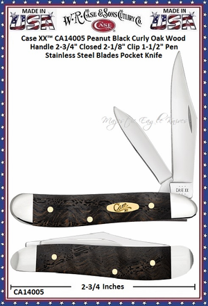 W.R. Case & Sons Cutlery CA14005 Case XX™ Peanut Black Curly Oak Wood Handle 2-3/4" Closed 2-1/8" Clip 1-1/2" Pen Stainless Steel Blades Pocket Knife W.R. Case & Sons Cutlery CA14005 Case XX™ Peanut Black Curly Oak Wood Handle 2-3/4" Closed 2-1/8" Clip 1-1/2" Pen Stainless Steel Blades Pocket Knife