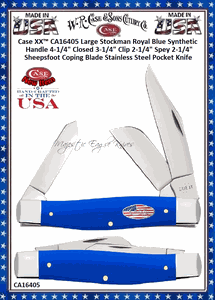 W.R. Case & Sons Cutlery CA16405 Case XX� Large Stockman Royal Blue Synthetic Handle 4-1/4" Closed 3-1/4" Clip 2-1/4" Spey 2-1/4" Sheepsfoot Coping Blade Stainless Steel Pocket Knife