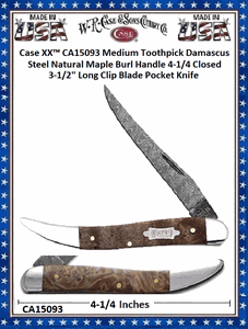 W.R. Case & Sons Cutlery CA15093 Case XX� Medium Toothpick Damascus Steel Natural Maple Burl Handle 4-1/4 Closed 3-1/2" Long Clip Blade Pocket Knife