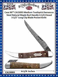 W.R. Case & Sons Cutlery CA15093 Case XX� Medium Toothpick Damascus Steel Natural Maple Burl Handle 4-1/4 Closed 3-1/2" Long Clip Blade Pocket Knife