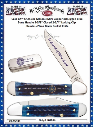 W.R. Case & Sons Cutlery CA25531 Case XX� Masonic Mini Copperlock Jigged Blue Bone Handle 3-5/8" Closed 2-3/4" Locking Clip Stainless Pocket Knife 