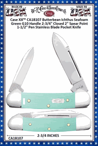 W.R. Case & Sons Cutlery CA18107 Case XX� Butterbean Ichthus Seafoam Green G10 Handle 2-3/4" Closed 2" Spear Point 1-1/2" Pen Stainless Blade Pocket Knife