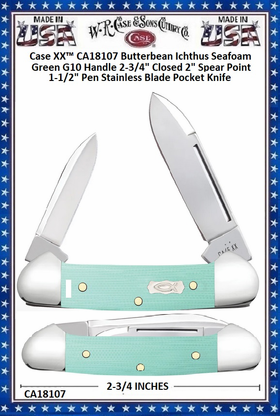 W.R. Case & Sons Cutlery CA18107 Case XX� Butterbean Ichthus Seafoam Green G10 Handle 2-3/4" Closed 2" Spear Point 1-1/2" Pen Stainless Blade Pocket Knife