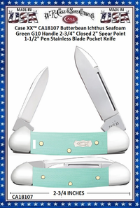 W.R. Case & Sons Cutlery CA18107 Case XX� Butterbean Ichthus Seafoam Green G10 Handle 2-3/4" Closed 2" Spear Point 1-1/2" Pen Stainless Blade Pocket Knife