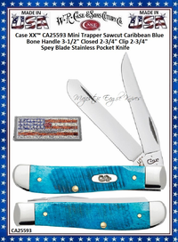 W.R. Case & Sons Cutlery CA25593 Case Caribbean Blue Sawcut Jig Bone Handle 3-1/2" Closed Clip & Spey Blades Mini Trapper Pocket Knife
