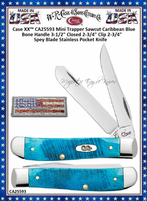 W.R. Case & Sons Cutlery CA25593 Case Caribbean Blue Sawcut Jig Bone Handle 3-1/2" Closed Clip & Spey Blades Mini Trapper Pocket Knife