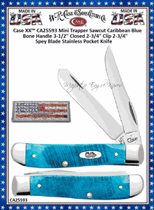 W.R. Case & Sons Cutlery CA25593 Case Caribbean Blue Sawcut Jig Bone Handle 3-1/2" Closed Clip & Spey Blades Mini Trapper Pocket Knife