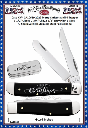 W.R. Case & Sons Cutlery Case XX™ 2022 Merry Christmas Mini Trapper 3-1/2" Closed 2-3/4" Clip, 2-3/4" Spey Plain Blades Tru-Sharp Surgical Stainless Steel Pocket Knife W.R. Case & Sons Cutlery Case XX™ 2022 Merry Christmas Mini Trapper 3-1/2" Closed 2-3/4" Clip, 2-3/4" Spey Plain Blades Tru-Sharp Surgical Stainless Steel Pocket Knife