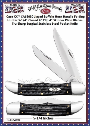 W.R. Case & Sons Cutlery CA65030 Case XX� Folding Hunter Jigged Buffalo Horn Handle Stainless Steel Pocket Knife 
