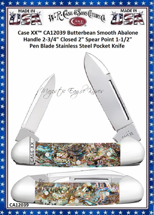 W.R. Case & Sons Cutlery CA12039 Case XX� Butterbean Smooth Abalone Handle 2-3/4" Closed 2" Spear Point 1-1/2" Pen Blade Stainless Pocket Knife