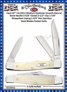 W.R. Case & Sons Cutlery CA13311 Case XX� Medium Stockman Smooth Natural Bone Handle 3-5/8" Closed 2-1/2" Clip 1-7/8" Sheepsfoot Coping 1-3/4" Pen Stainless Steel Blades Pocket Knife