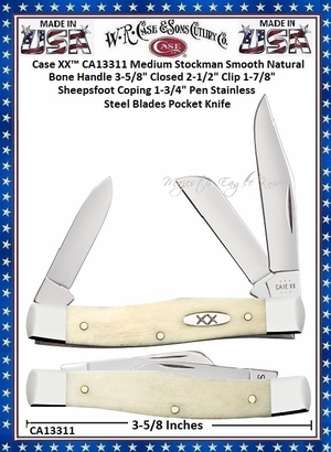 W.R. Case & Sons Cutlery CA13311 Case XX™ Medium Stockman Smooth Natural Bone Handle 3-5/8" Closed 2-1/2" Clip 1-7/8" Sheepsfoot Coping 1-3/4" Pen Stainless Steel Blades Pocket Knife W.R. Case & Sons Cutlery CA13311 Case XX™ Medium Stockman Smooth Natural Bone Handle 3-5/8" Closed 2-1/2" Clip 1-7/8" Sheepsfoot Coping 1-3/4" Pen Stainless Steel Blades Pocket Knife