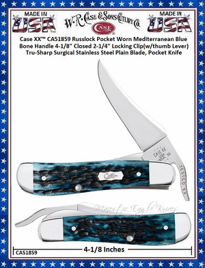 W.R. Case & Sons Cutlery CA51859 Case XX� Pocket Worn Mediterranean Blue Bone Handle 4-1/8" Closed Russlock  Tru-Sharp Stainless Pocket Knife