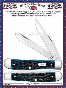 W.R. Case & Sons Cutlery CA51850 Case XX� Peach Seed Mediterranean Blue Bone Handle 4-1/8" Closed Trapper  Tru-Sharp Stainless Pocket Knife