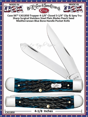W.R. Case & Sons Cutlery CA51850 Case XX� Peach Seed Mediterranean Blue Bone Handle 4-1/8" Closed Trapper  Tru-Sharp Stainless Pocket Knife